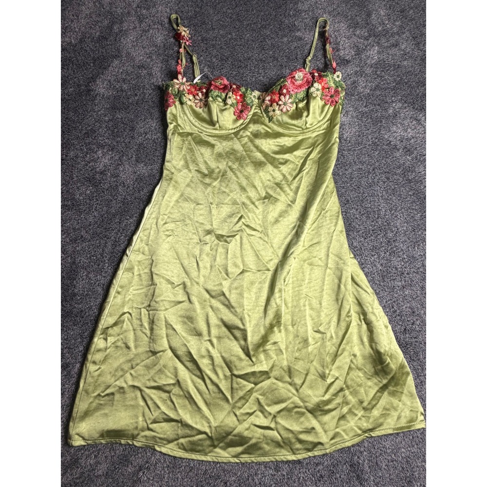 Princess Polly Green Satin Floral Embroidered Mini Dress Underwire Size 4